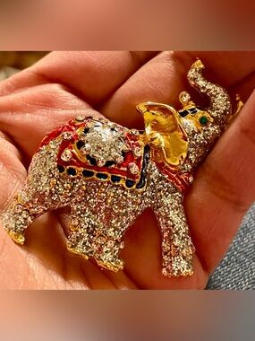 Gold-Tone Elephant Brooch with Red Enamel Saddle and Clear Crystals